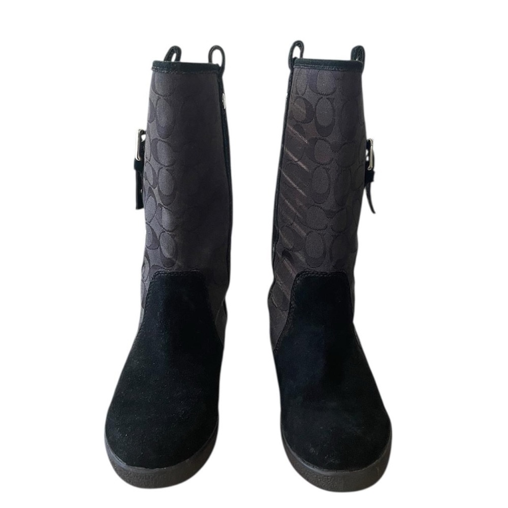 Coach Logo Boots Black Suede Canvass Monogram Mid-Calf‎ "Tullip" Women's 6.5 - Picture 4 of 7